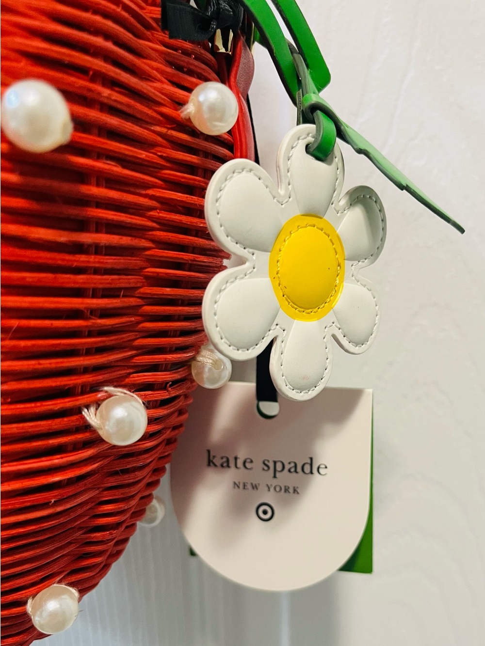 kate spade New York Red Strawberry Wicker Top-Handle Bag with Daisy Bag Charm. - Picture 2 of 7